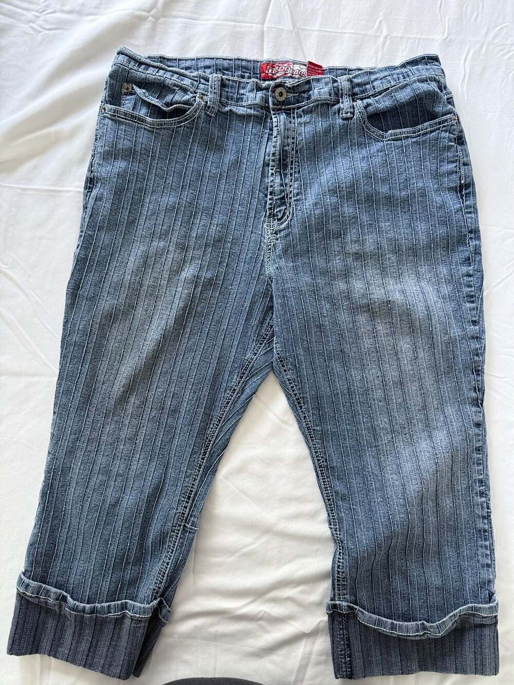 Lazer Jeans Vertical Striped Capri Jeans Women's Size 22 Mid-Wash Blue Cuffed